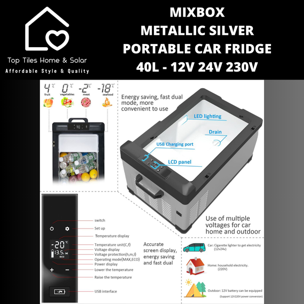 Mixbox Metallic Silver Portable Car Fridge - 40L - 12V/24V/230V