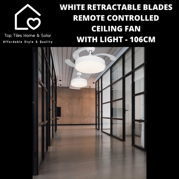 White Retractable Blades Remote Controlled Ceiling Fan with Light - 106cm