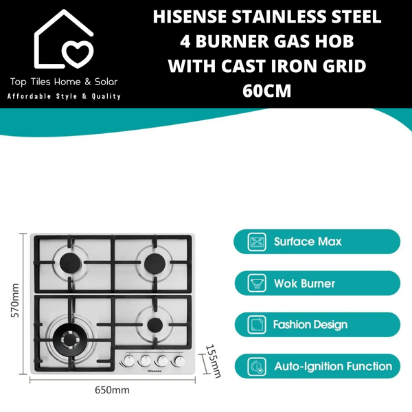 Hisense Stainless Steel 4 Burner Gas Hob with Cast Iron Grid - 60cm