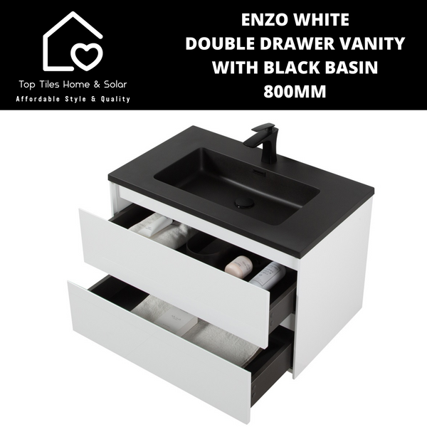 Enzo White Double Drawer Vanity With Black Basin - 800mm