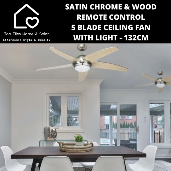 Satin Chrome & Wood Remote Control 5 Blade Ceiling Fan with Light - 132cm