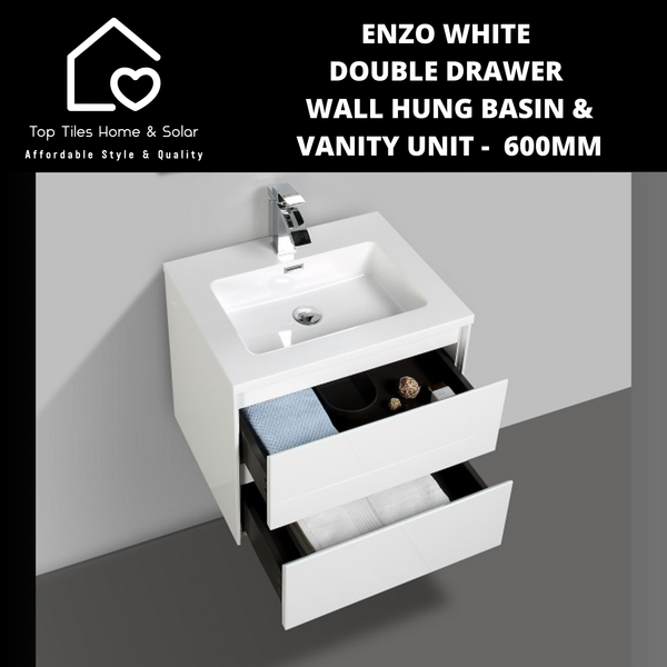 Enzo White Double Drawer Wall Hung Basin & Vanity Unit -  600mm