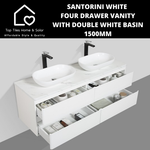 Santorini White Four Drawer Vanity With Double White Basin - 1500mm