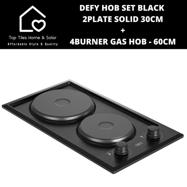 Defy Hob Set - Black 2Plate Solid 30cm + 4Burner Gas Hob - 60cm