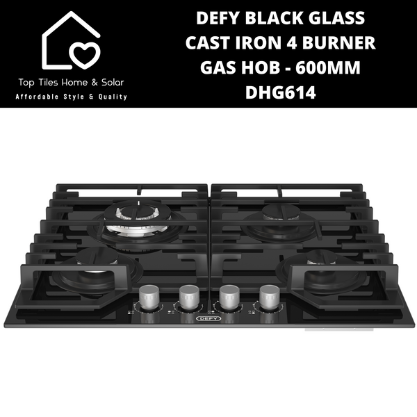 Defy Black Glass Cast Iron 4 Burner Gas Hob - 600mm DHG614