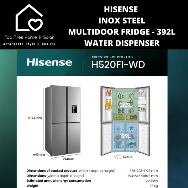 Hisense Inox Steel MultiDoor Fridge  - 392L Water Dispenser