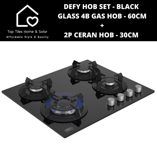 Defy Hob Set - Black Glass 4B Gas Hob - 60cm + 2P Ceran - 30cm