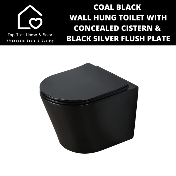 Coal Black Wall Hung Toilet with Icon Cistern & Black Silver Flush Plate