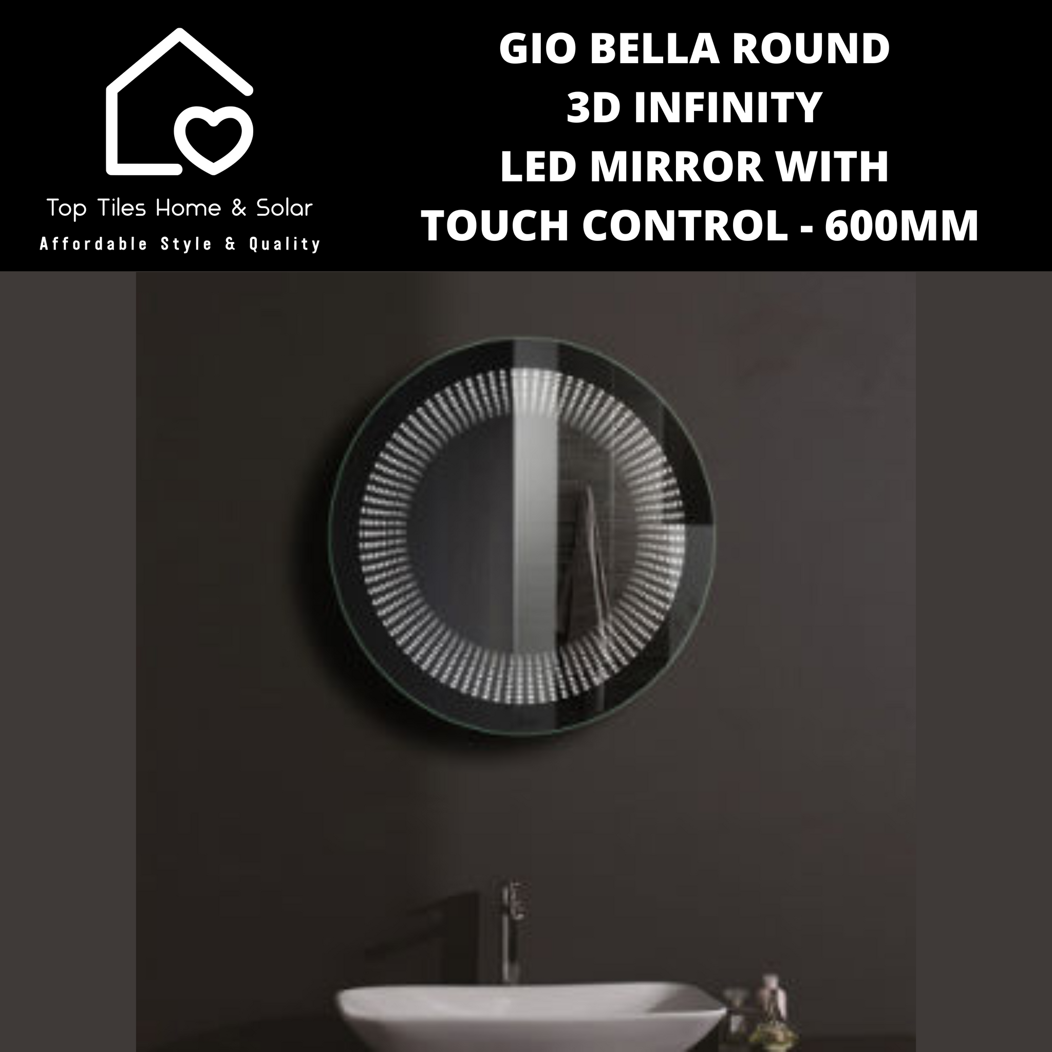 Gio Bella Round 3D Infinity LED Mirror with Touch Control - 600mm