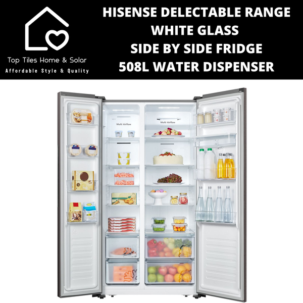 Hisense Delectable Range White Glass Side by Side Fridge - 508L Water Dispenser