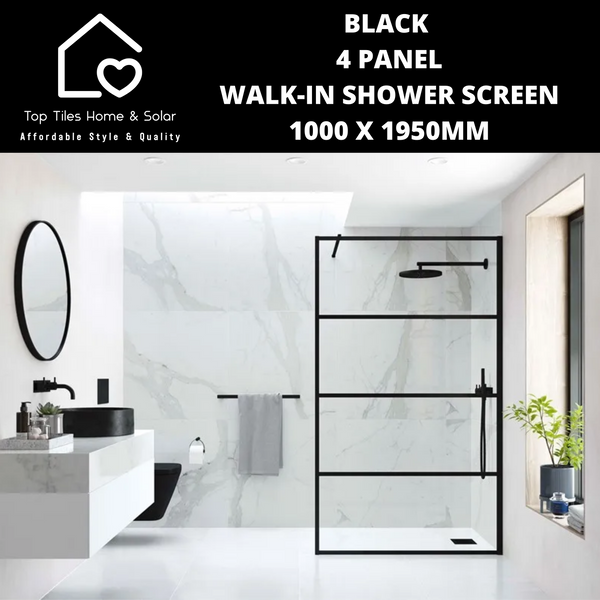 Black 4 Panel Walk-In Shower Screen - 1000 x 1950mm