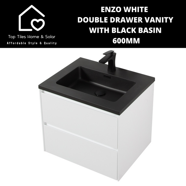 Enzo White Double Drawer Vanity With Black Basin -  600mm