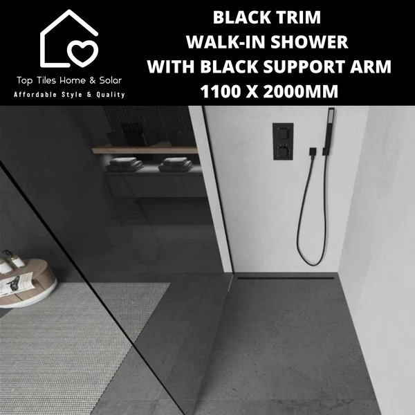 Black Trim Walk-in Shower with Black Support Arm - 1100 x 2000mm