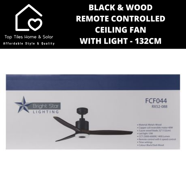 Black & Wood Remote Controlled Ceiling Fan with Light - 132cm