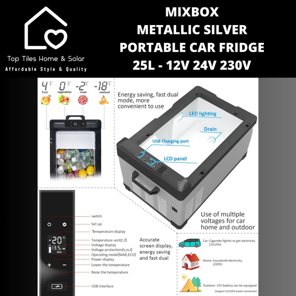 Mixbox Metallic Silver Portable Car Fridge - 25L - 12V/24V/230V