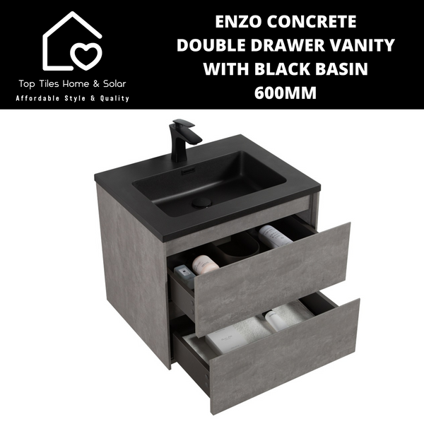 Enzo Concrete Double Drawer Vanity With Black Basin - 600mm