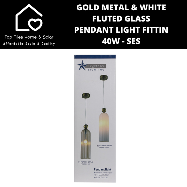 Gold Metal & White Fluted Glass Pendant Light Fitting - 40 SES