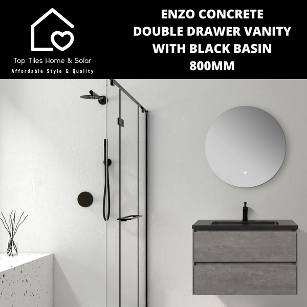 Enzo Concrete Double Drawer Vanity With Black Basin - 800mm