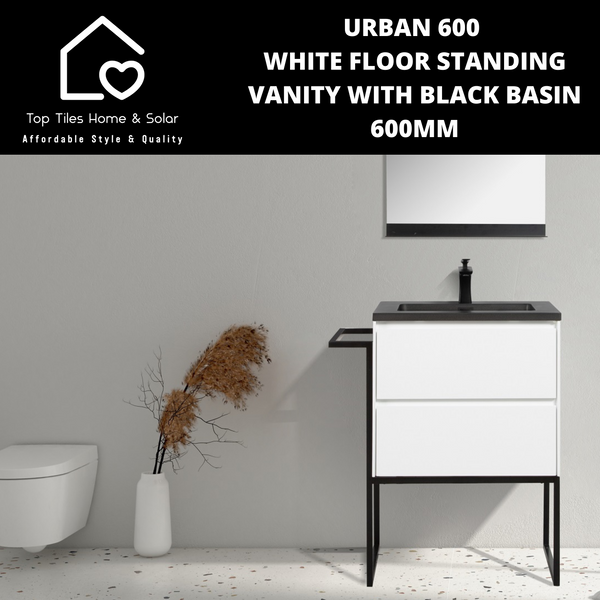 Urban 600 White Floor Standing Vanity With Black Basin -  600mm