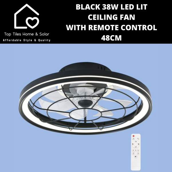 Black 38W LED Lit Ceiling Fan with Remote Control - 48cm