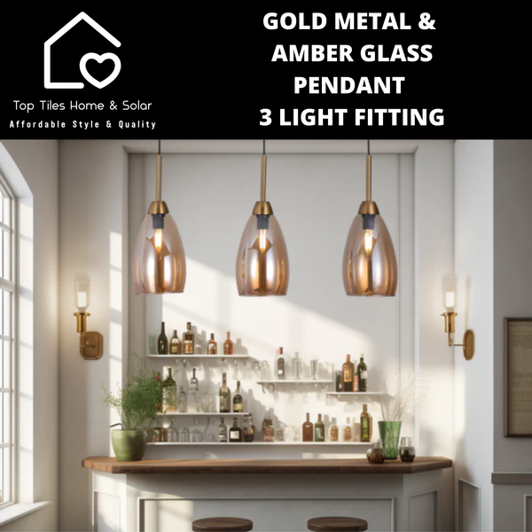 Gold Metal & Amber Glass Pendant 3Light Fitting