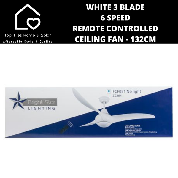 White 3 Blade 6 Speed Remote Controlled Ceiling Fan - 132cm