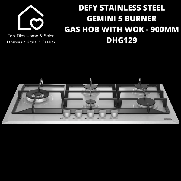 Defy Stainless Steel Gemini 5 Burner Gas Hob With Wok - 900mm DHG129