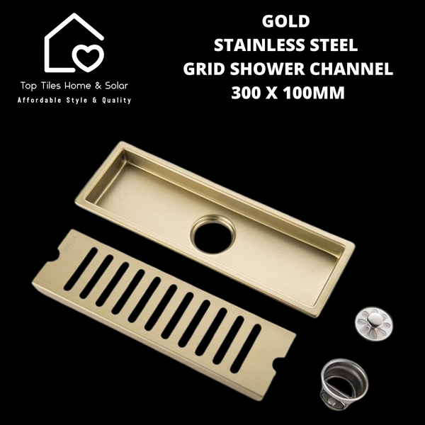 Gold Stainless Steel Grid Shower Channel - 300 x 100mm