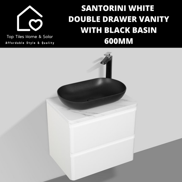 Santorini White Double Drawer Vanity With Black Basin - 600mm