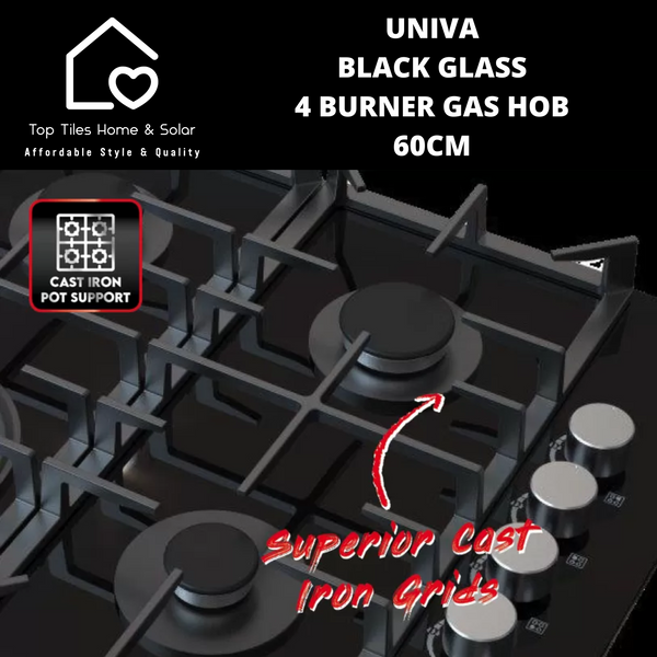 Univa Black Glass 4 Burner Gas Hob - 60cm