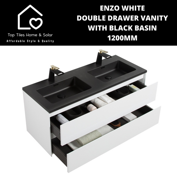 Enzo White Double Drawer Vanity With Black Basin - 1200mm