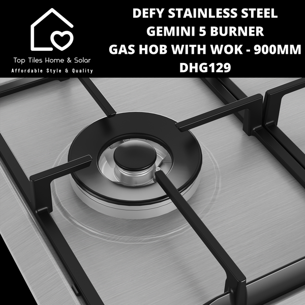 Defy Stainless Steel Gemini 5 Burner Gas Hob With Wok - 900mm DHG129