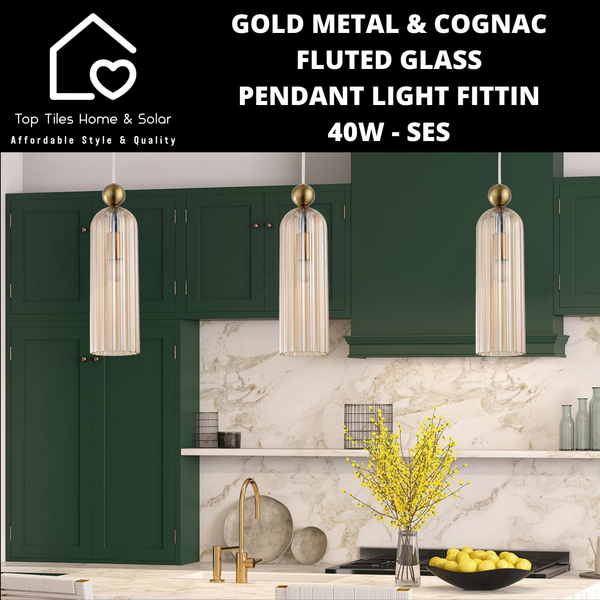 Gold Metal & Cognac Fluted Glass Pendant Light Fitting - 40 SES