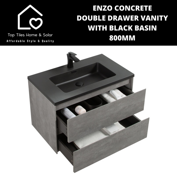 Enzo Concrete Double Drawer Vanity With Black Basin - 800mm