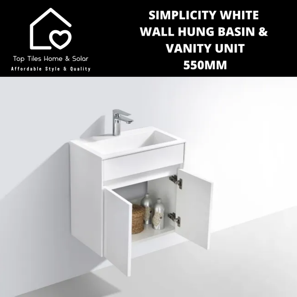 Simplicity White Wall Hung Basin & Vanity Unit - 550mm