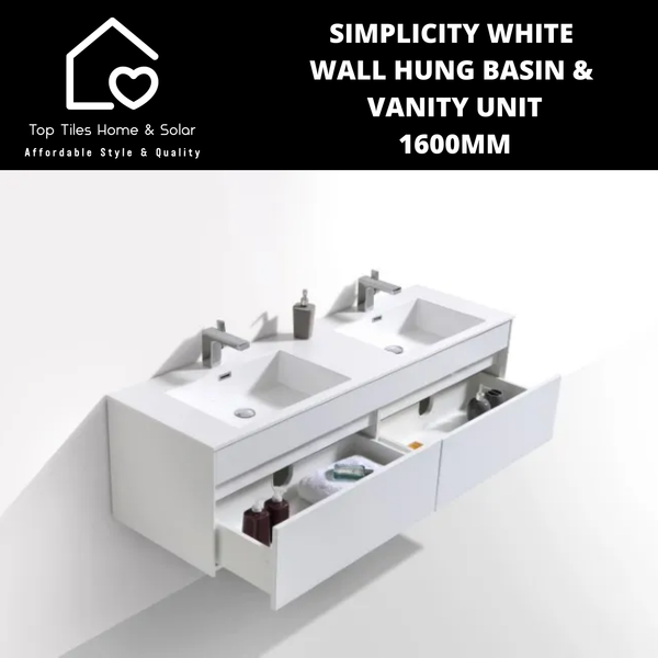 Simplicity White Wall Hung Basin & Vanity Unit - 1600 mm