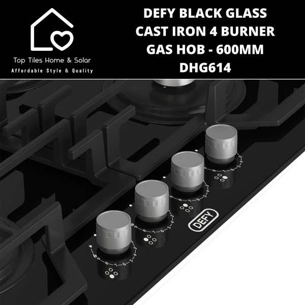 Defy Black Glass Cast Iron 4 Burner Gas Hob - 600mm DHG614