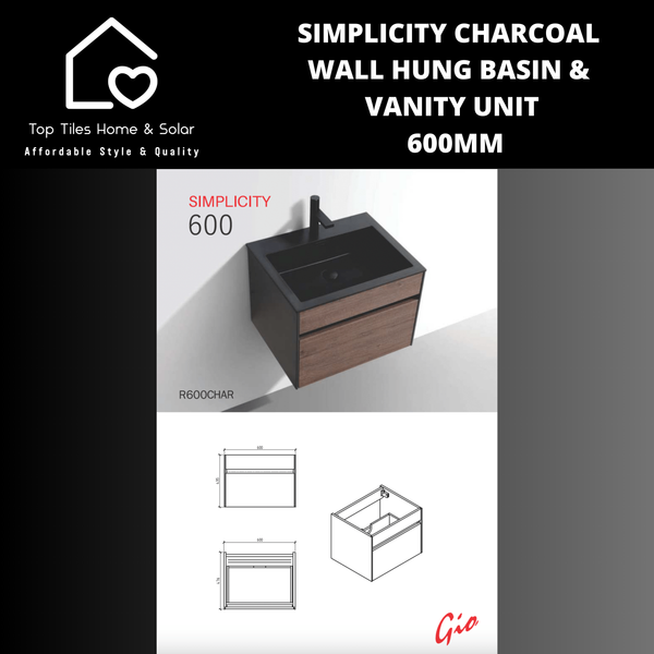 Simplicity Charcoal Wall Hung Basin & Vanity Unit - 600mm