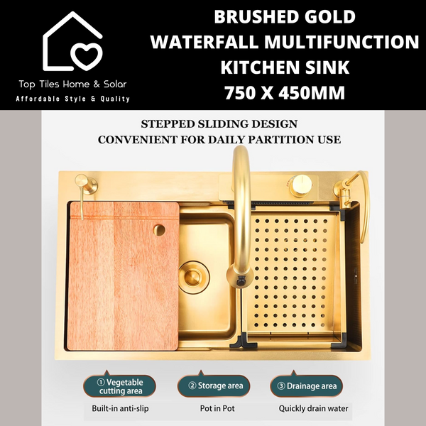 Brushed Gold Waterfall Multifunction Kitchen Sink - 750 x 450mm