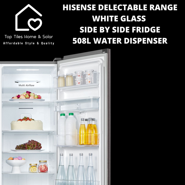 Hisense Delectable Range White Glass Side by Side Fridge - 508L Water Dispenser