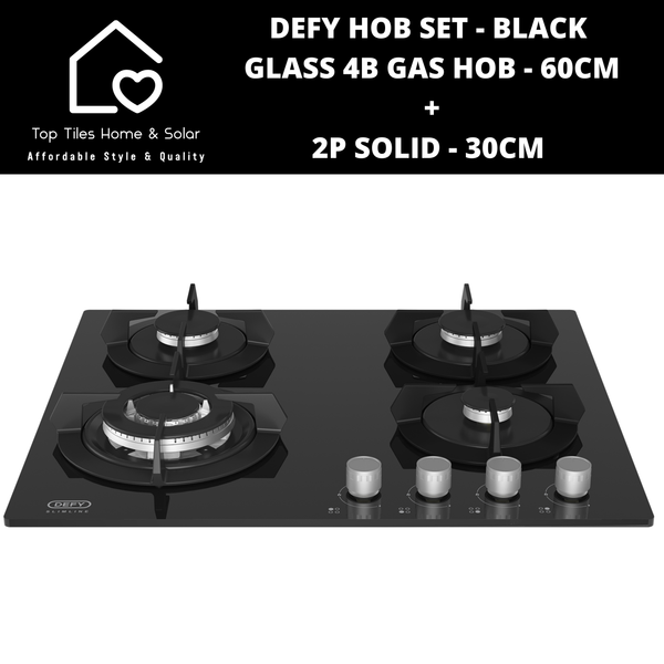 Defy Hob Set - Black Glass 4B Gas Hob - 60cm + 2P Solid 30cm