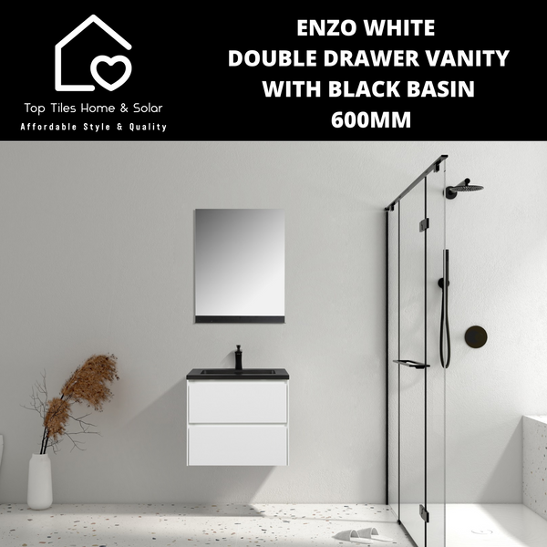 Enzo White Double Drawer Vanity With Black Basin -  600mm