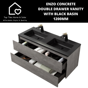 Enzo Concrete Double Drawer Vanity With Black Basin - 1200mm