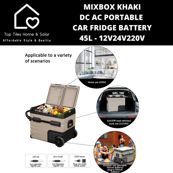 Mixbox Khaki DC AC Portable Car Fridge with Battery - 45L - 12V/24V/220V