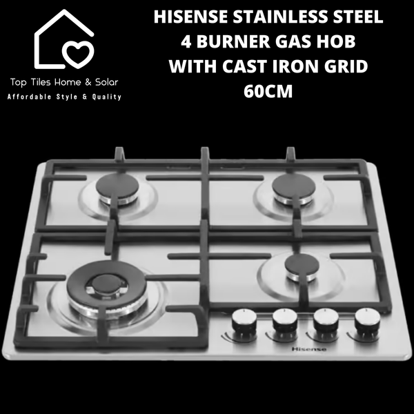 Hisense Stainless Steel 4 Burner Gas Hob with Cast Iron Grid - 60cm