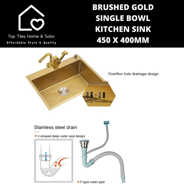 Brushed Gold Single Bowl Kitchen Sink - 450 x 400mm