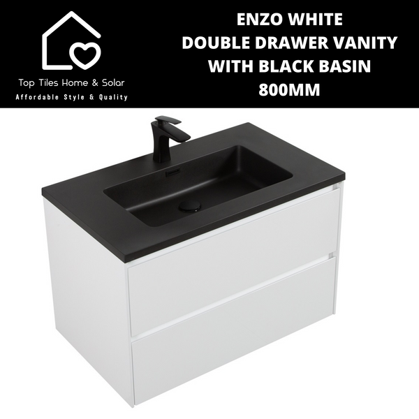 Enzo White Double Drawer Vanity With Black Basin - 800mm