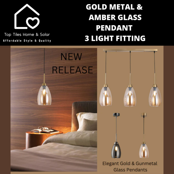 Gold Metal & Amber Glass Pendant 3Light Fitting