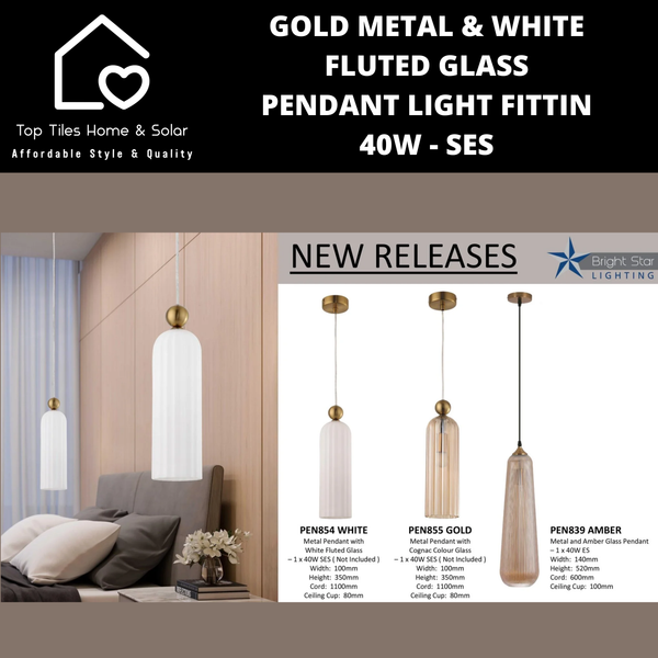 Gold Metal & White Fluted Glass Pendant Light Fitting - 40 SES