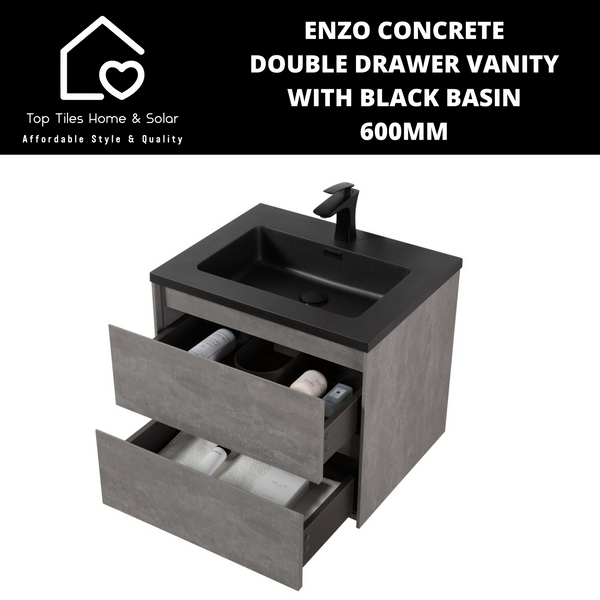 Enzo Concrete Double Drawer Vanity With Black Basin - 600mm